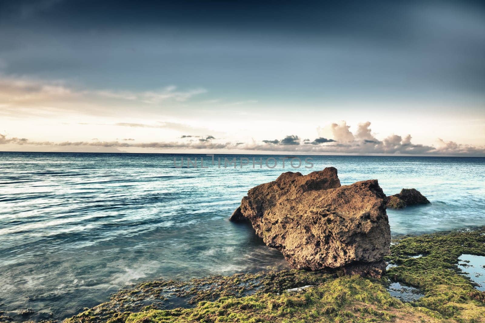 Beautiful view of the sea. Stone on the foreground