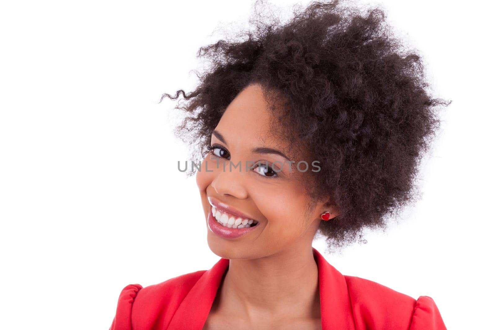 Closeup portrait of a beautiful african american woman, isolated on white background