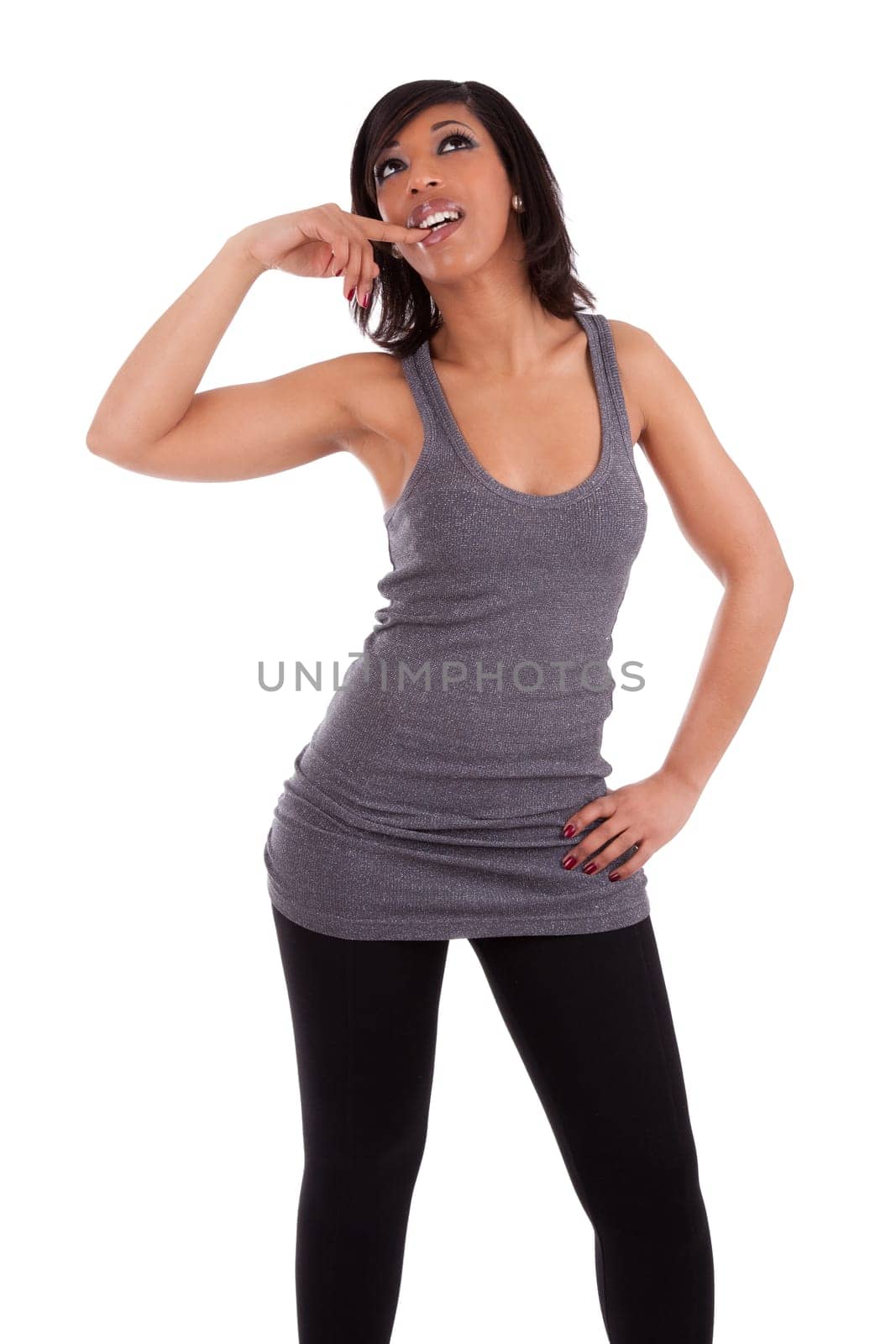 Sexy young black woman looking up, isolated on white background