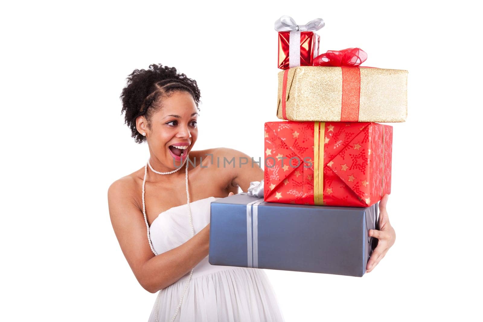 Young African American woman holding gifts boxes , isolated on white background