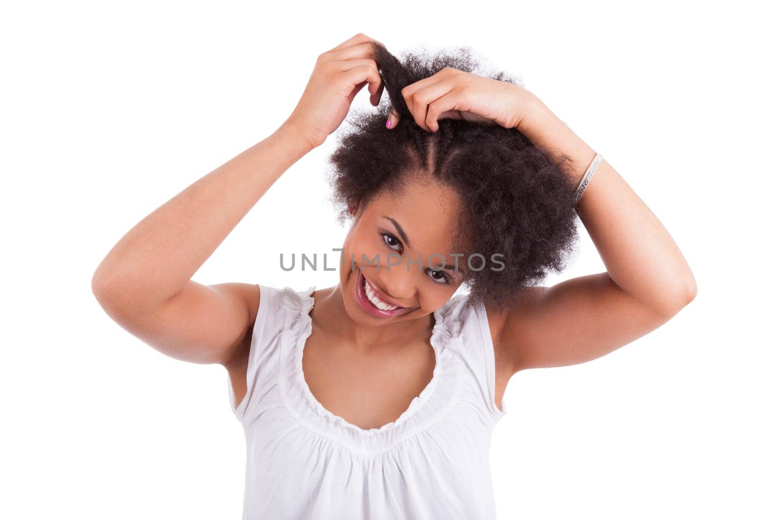 Young african american woman making braids, isolated on white background
