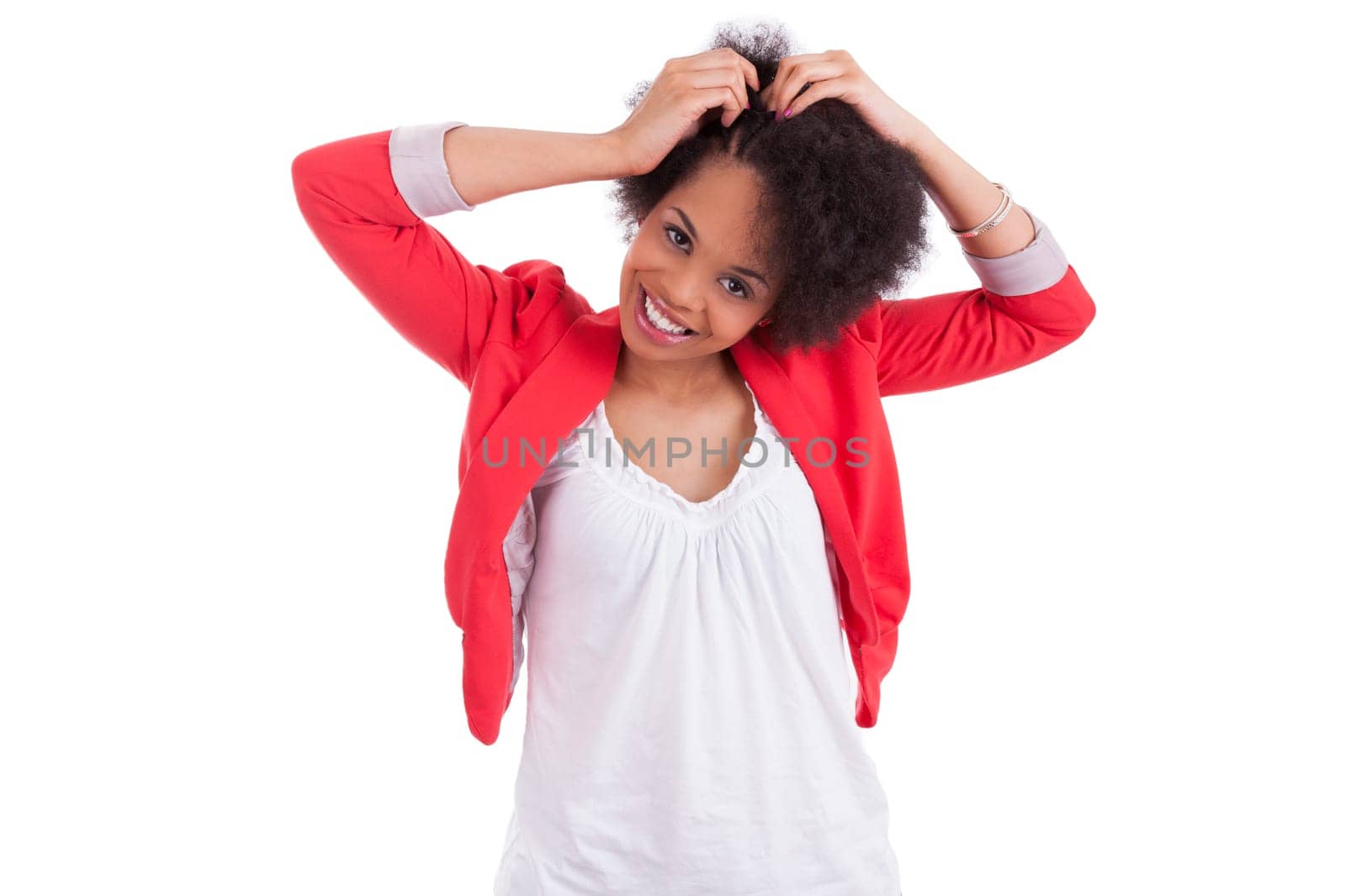 Young african american woman making braids, isolated on white background