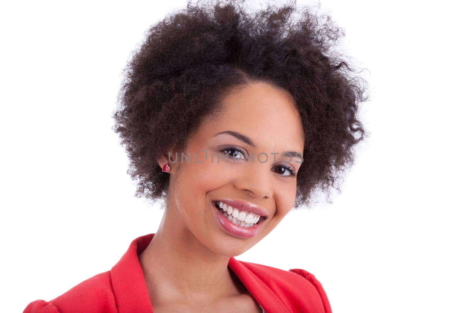 Closeup portrait of a beautiful african american woman, isolated on white background