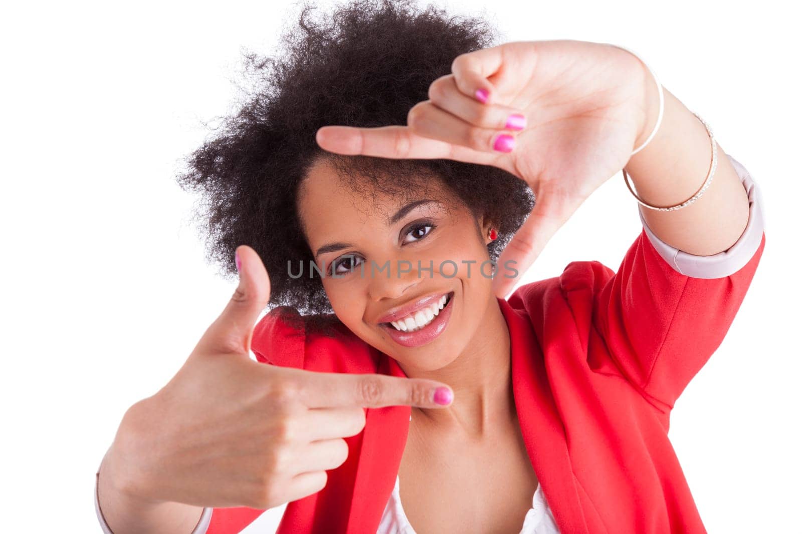 Beautiful african american woman making frame with her hands, isolated on white background