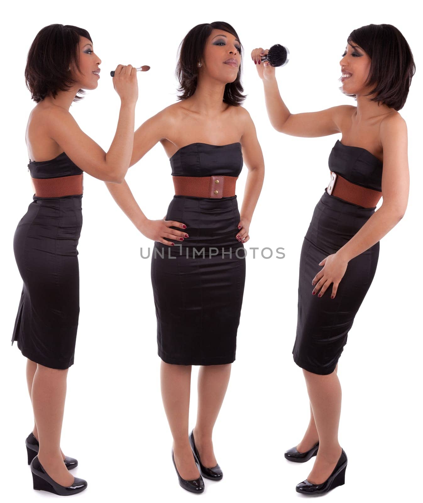 Beautiful african woman with elegant black dress, isolated on white background