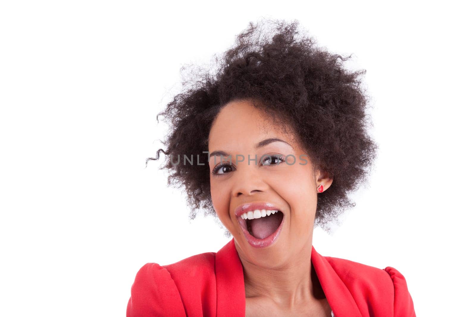 Closeup portrait of a beautiful african american woman, isolated on white background
