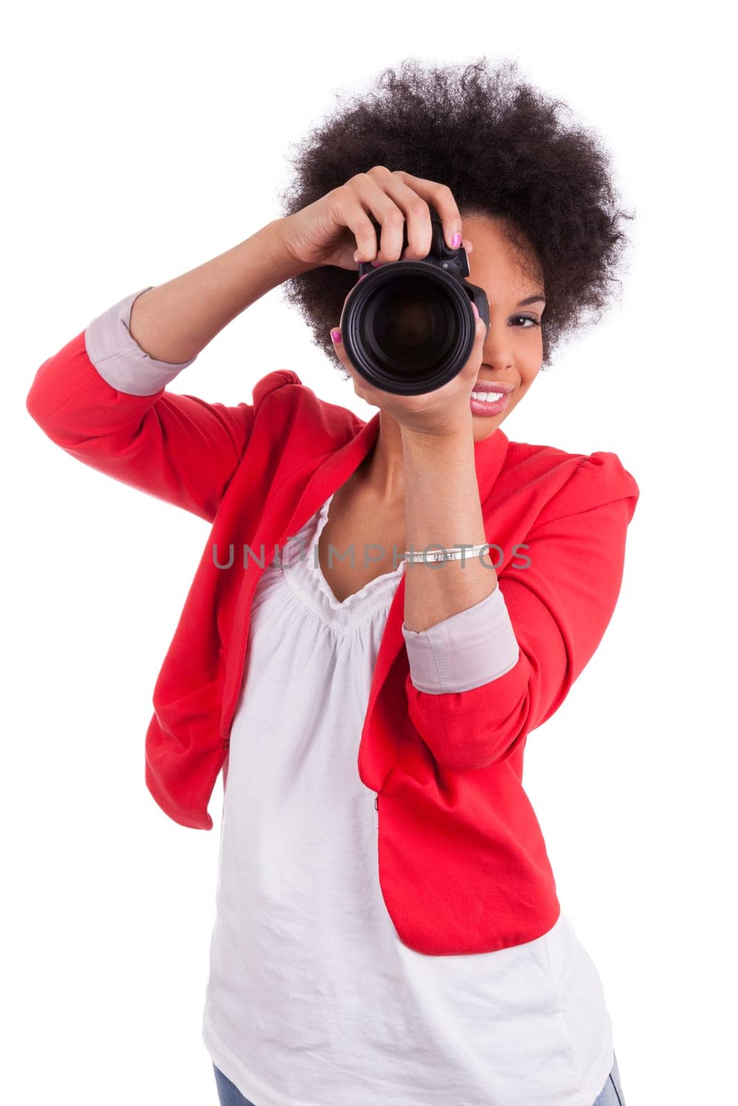 Young african american  photographer with camera, isolated on white background