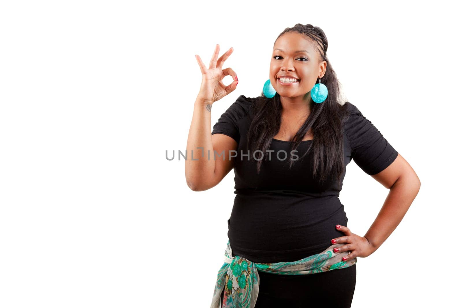 Portrait of happy smiling black woman with okay gesture, isolated on white background