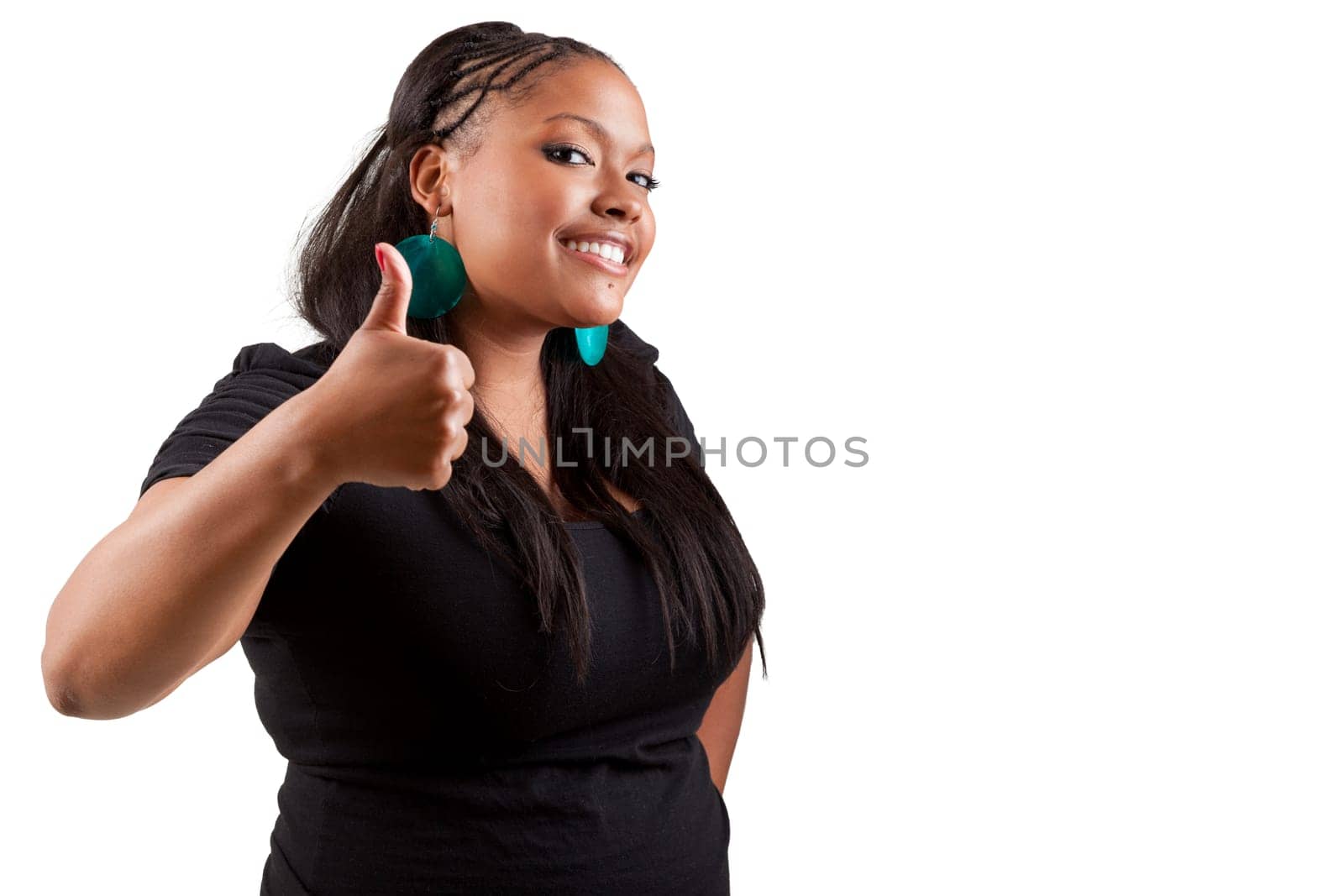 Portrait of happy smiling black woman making thumbs up, isolated on white background