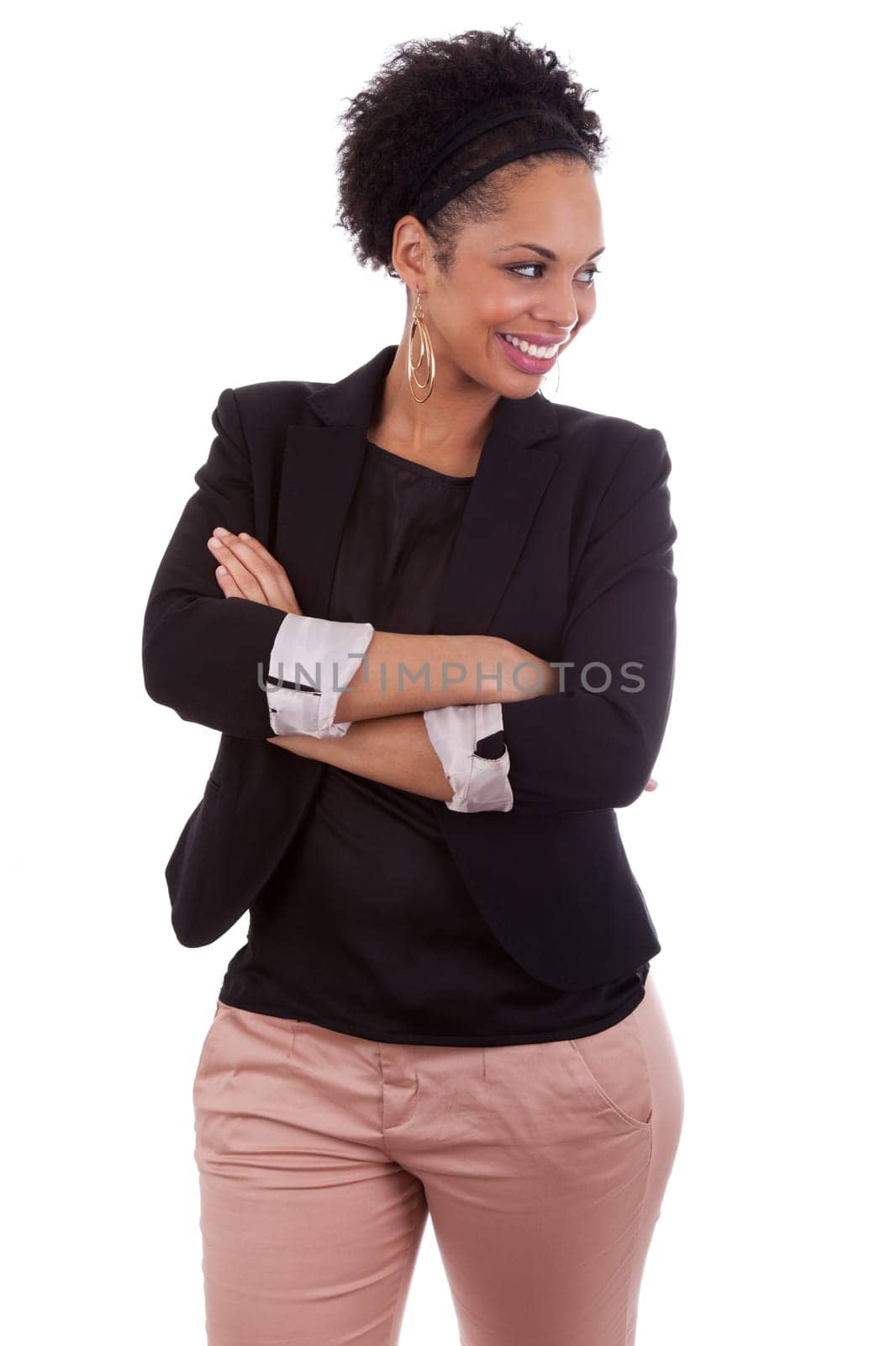 Smiling african american woman with folded arms, isolated on white background