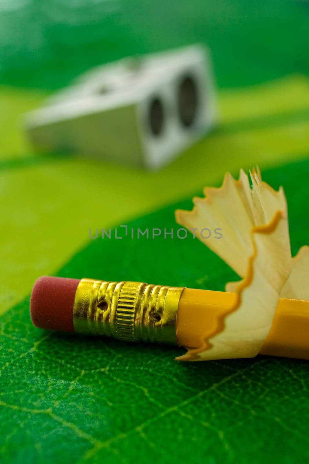 Pencil sharpneer and pencil on green texture