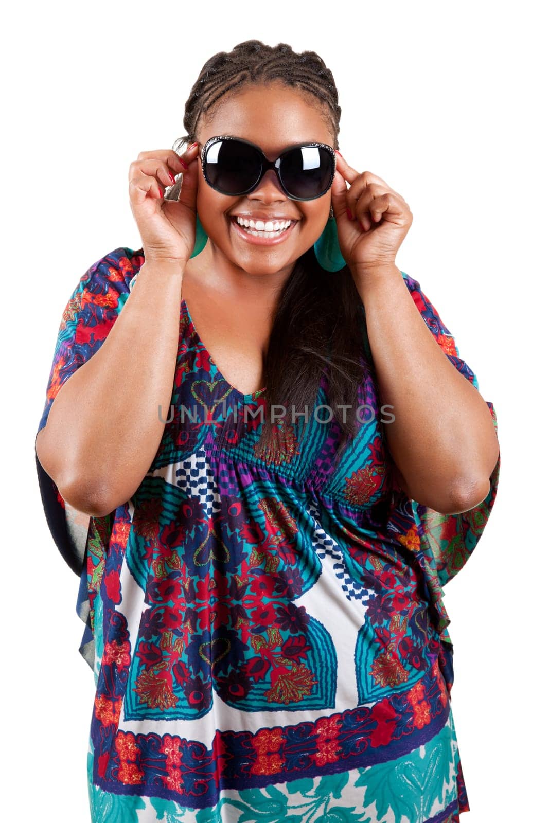 beautiful african american woman wearing sunglasses over a white background