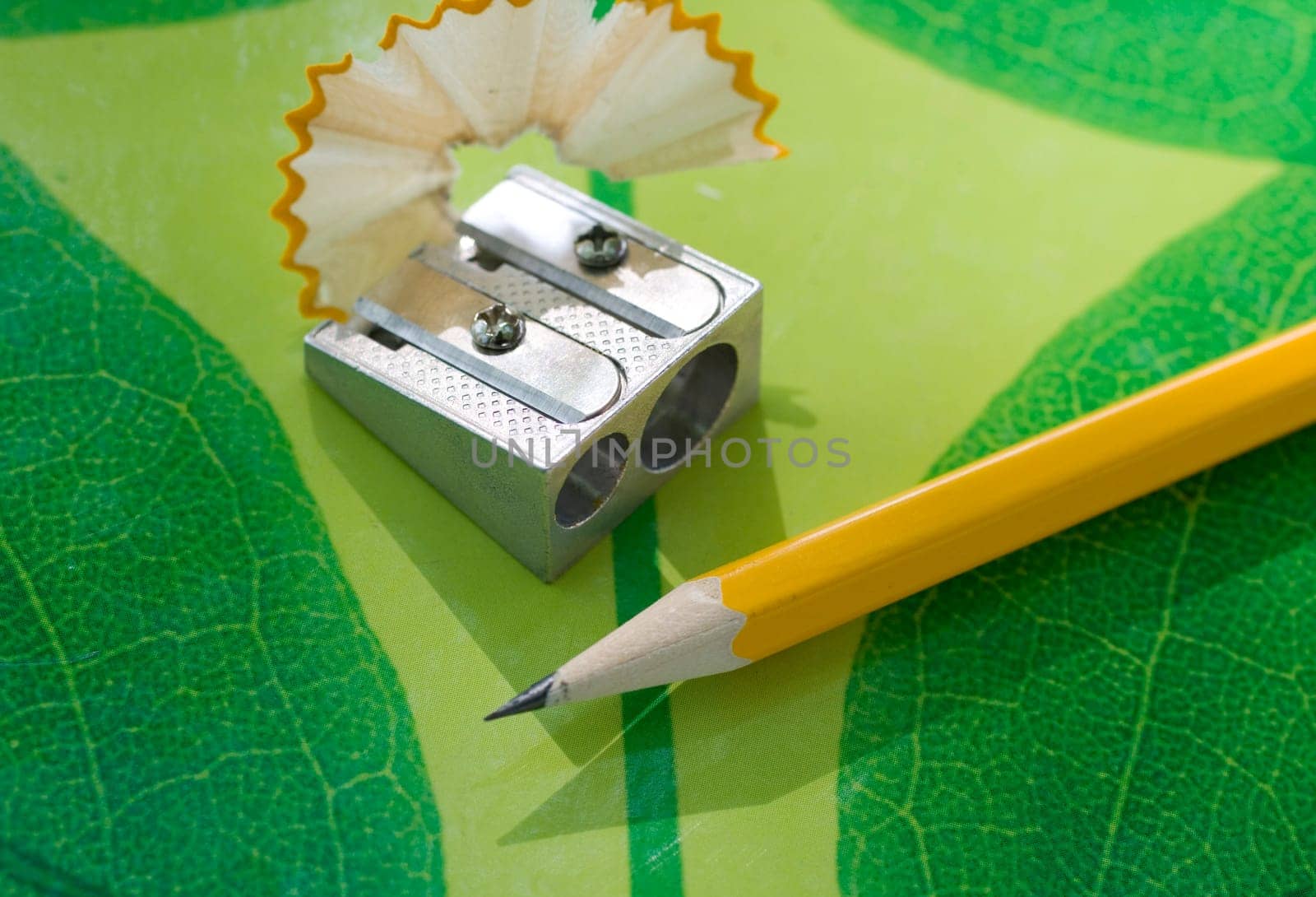 Pencil sharpneer and pencil on green texture