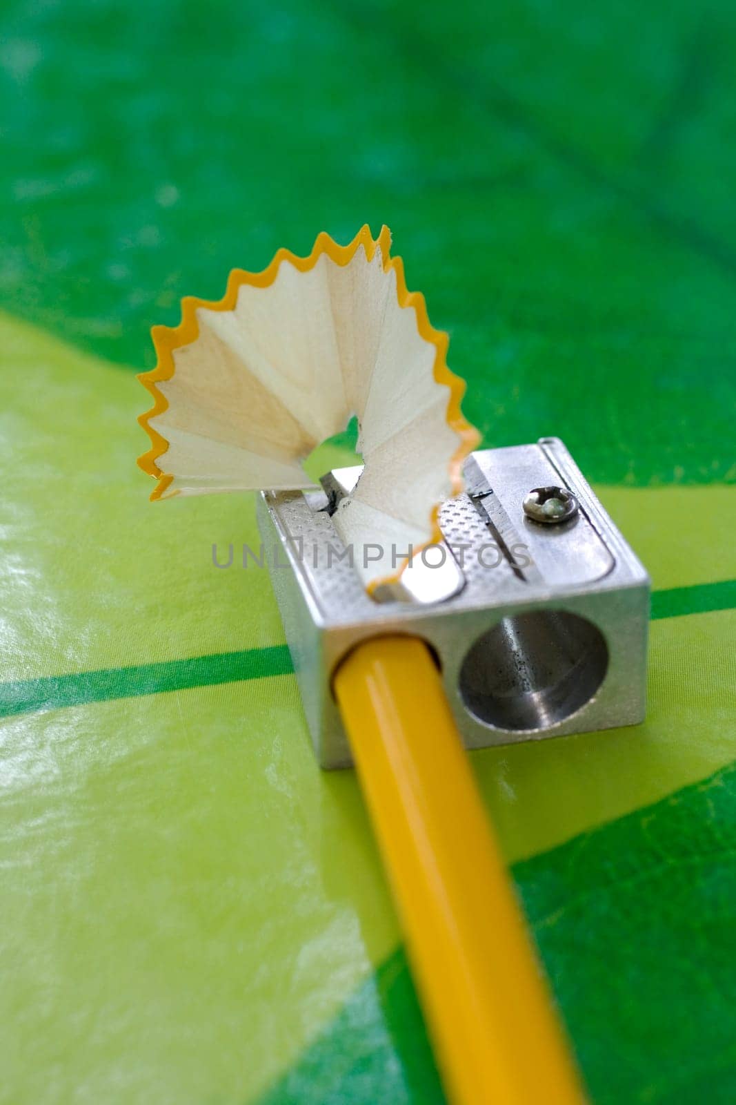 Pencil sharpneer and pencil on green texture