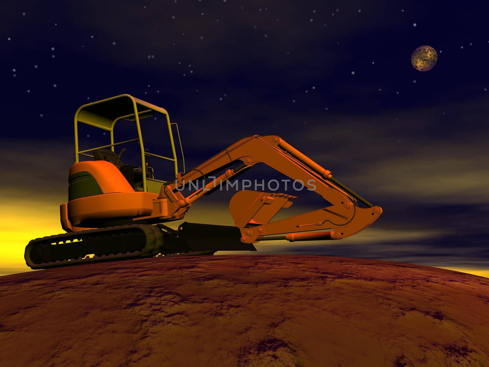 Orange excavator upon ground by night with full moon