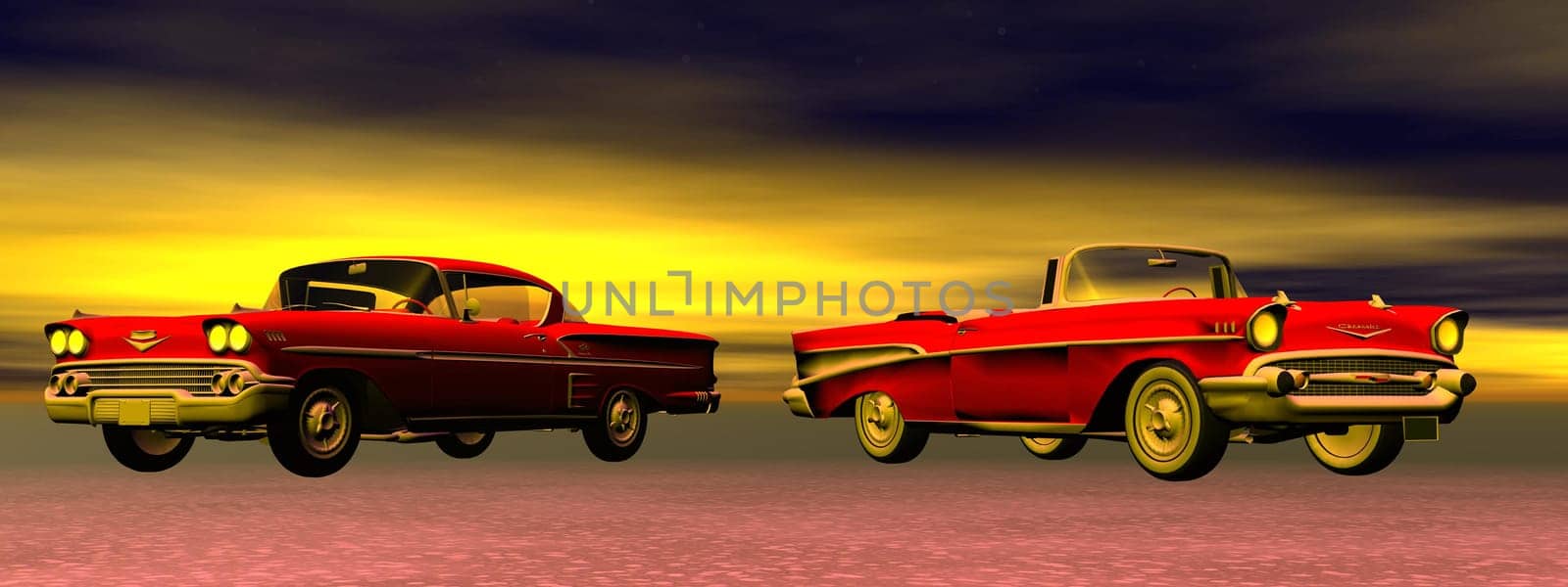 Two red old cars from 60&#039 s in colorful background