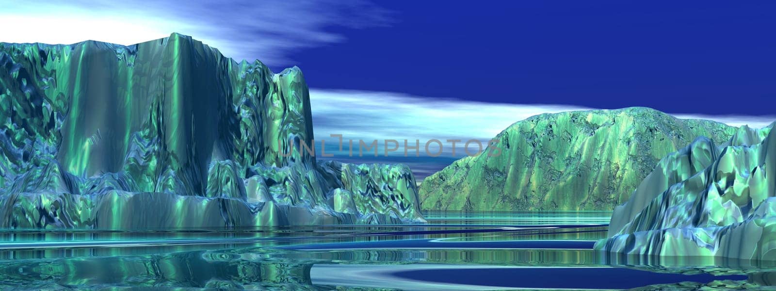 Many big iceberg in the ocean by morning light