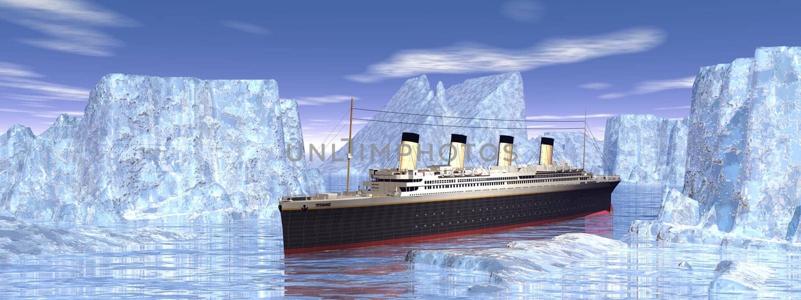 Titanic boat among big icebergs in cold northern ocean water