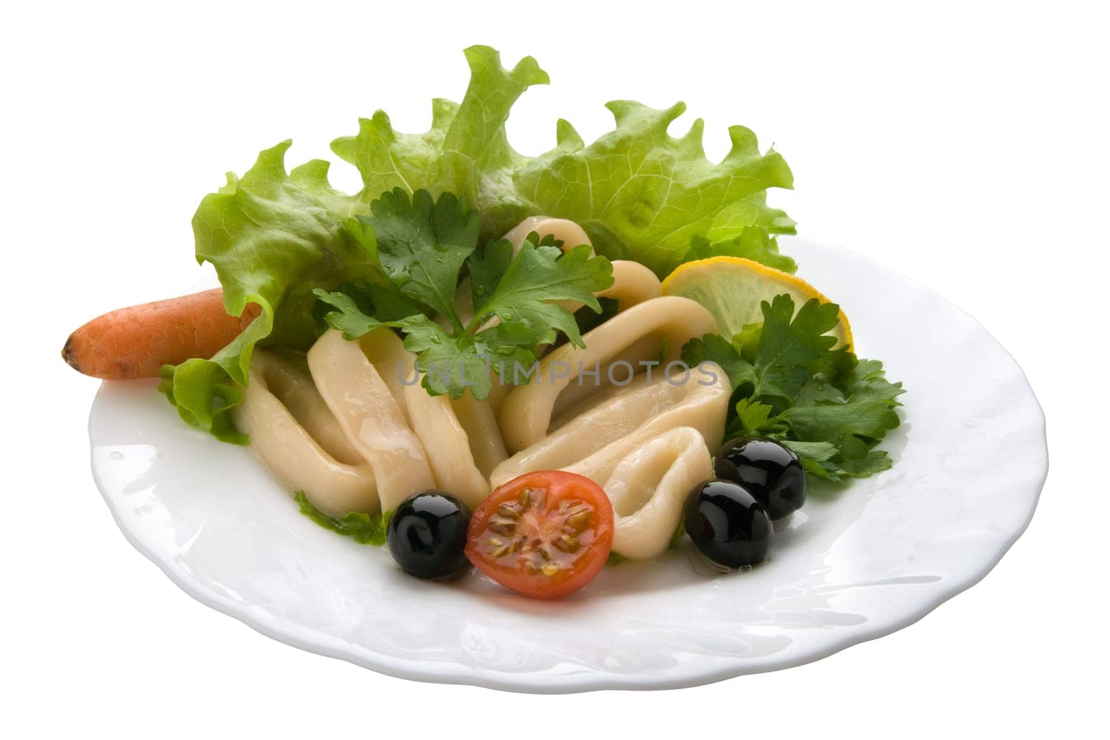Salad with Calamari Rings. Isolated on White Background