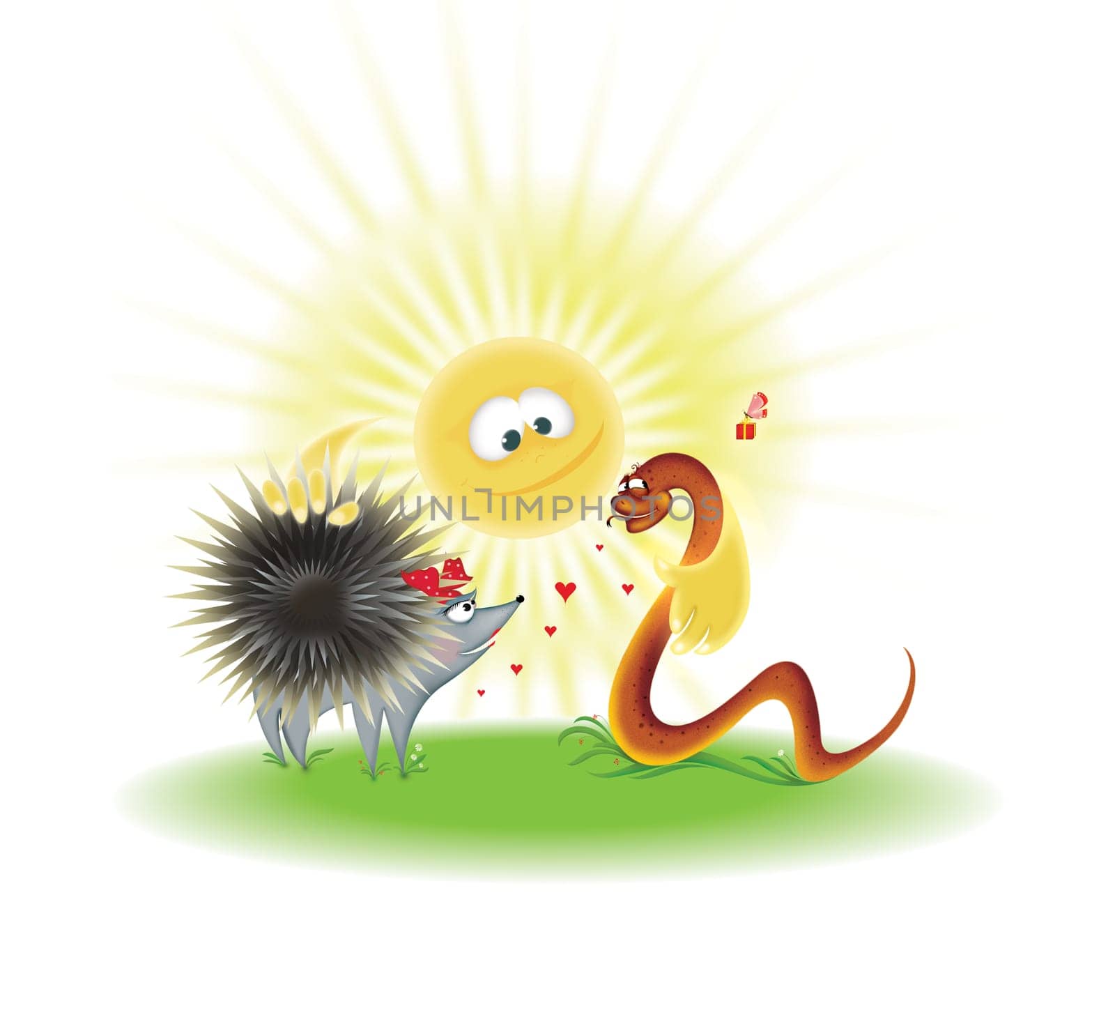 Nicer hedgehog and snake under the sun. Cartoon illustration.
