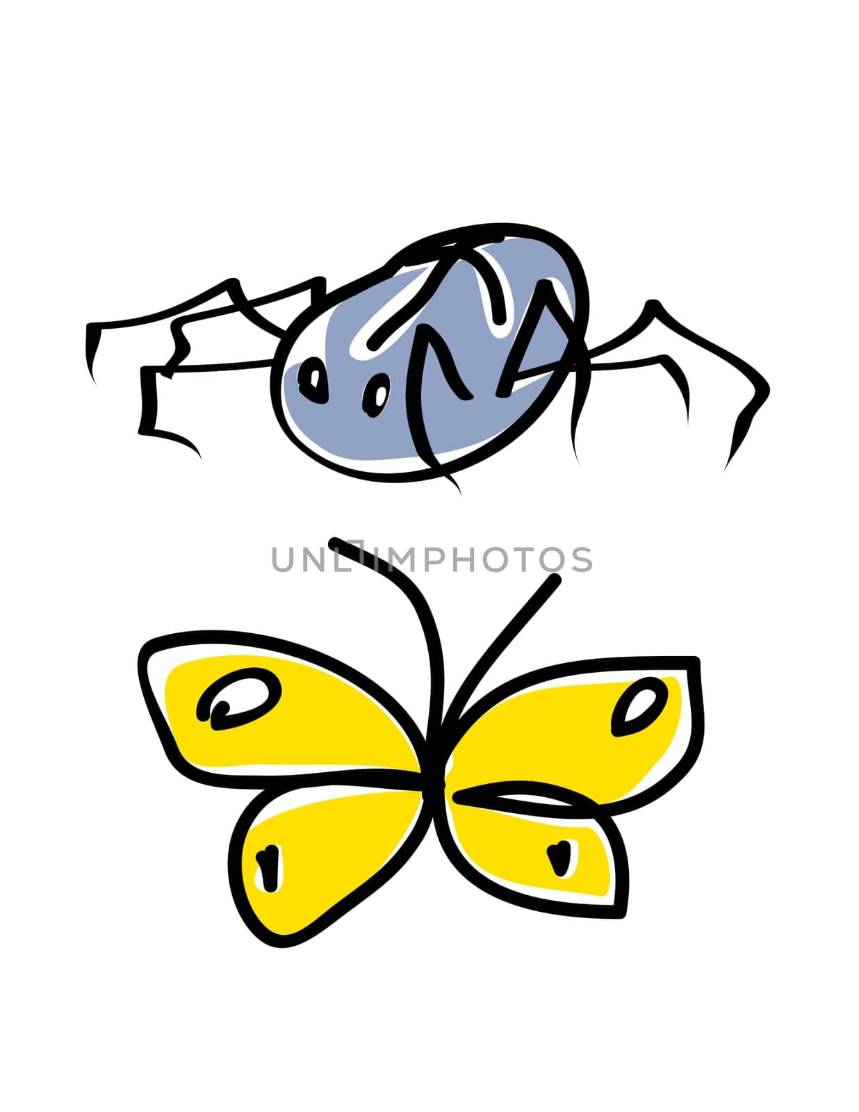 Spider and butterfly. Cartoon illustration.