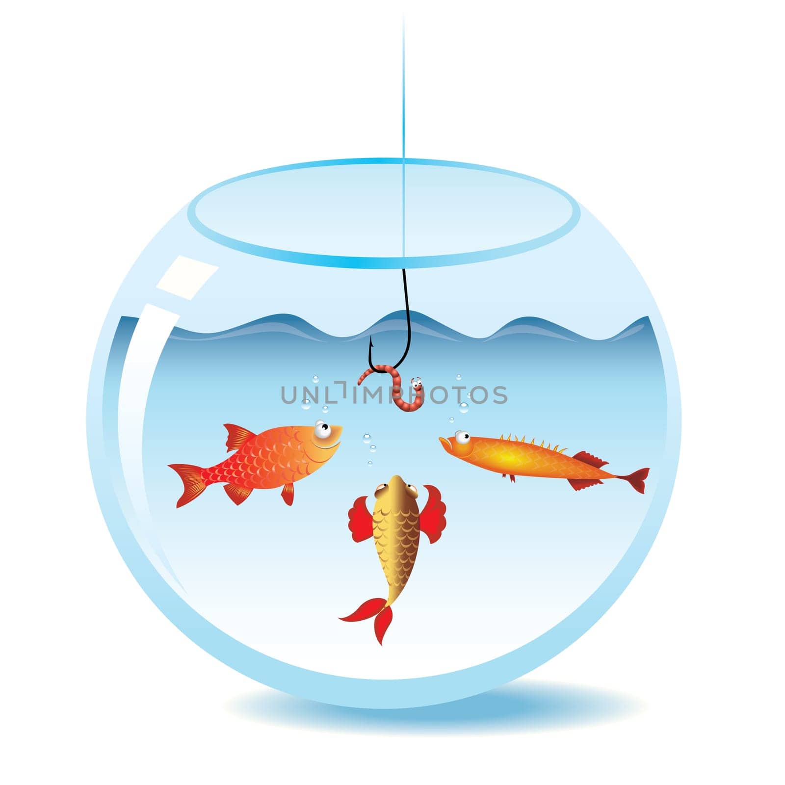 Fishing in fishbowl. Fish looking at worm on fishhook.