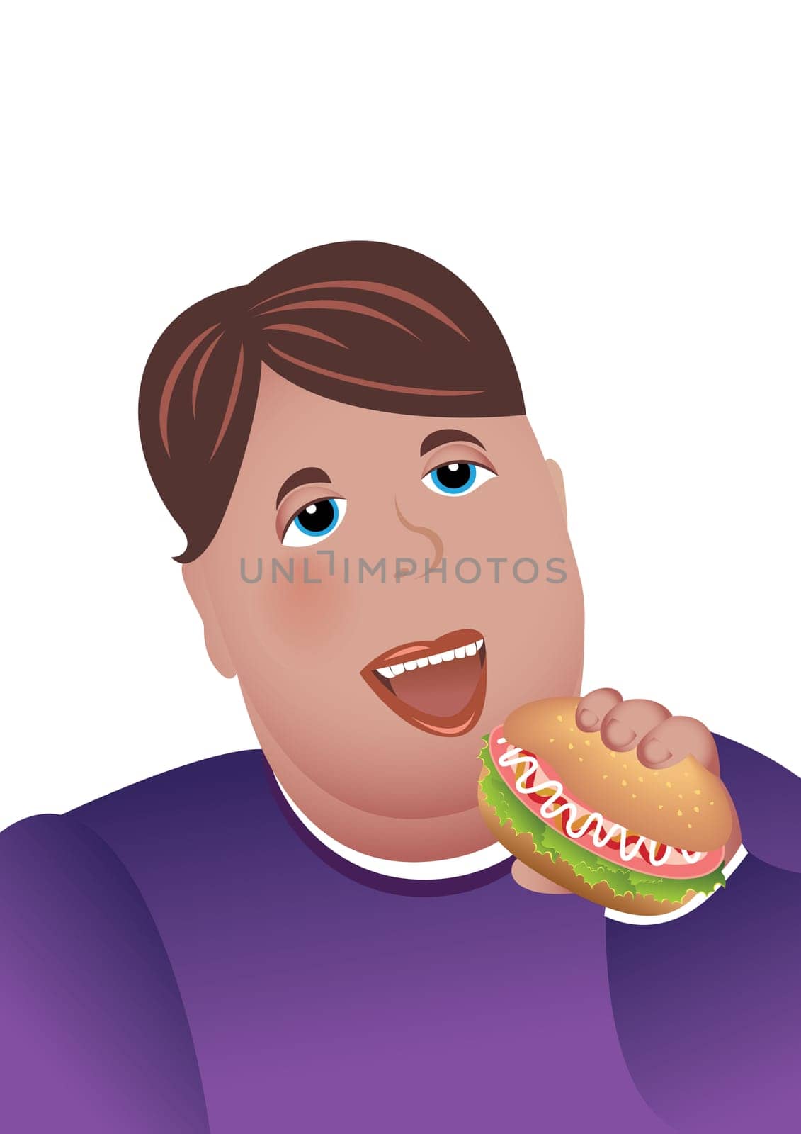 Angry boy eating hamburger. Illustration on white