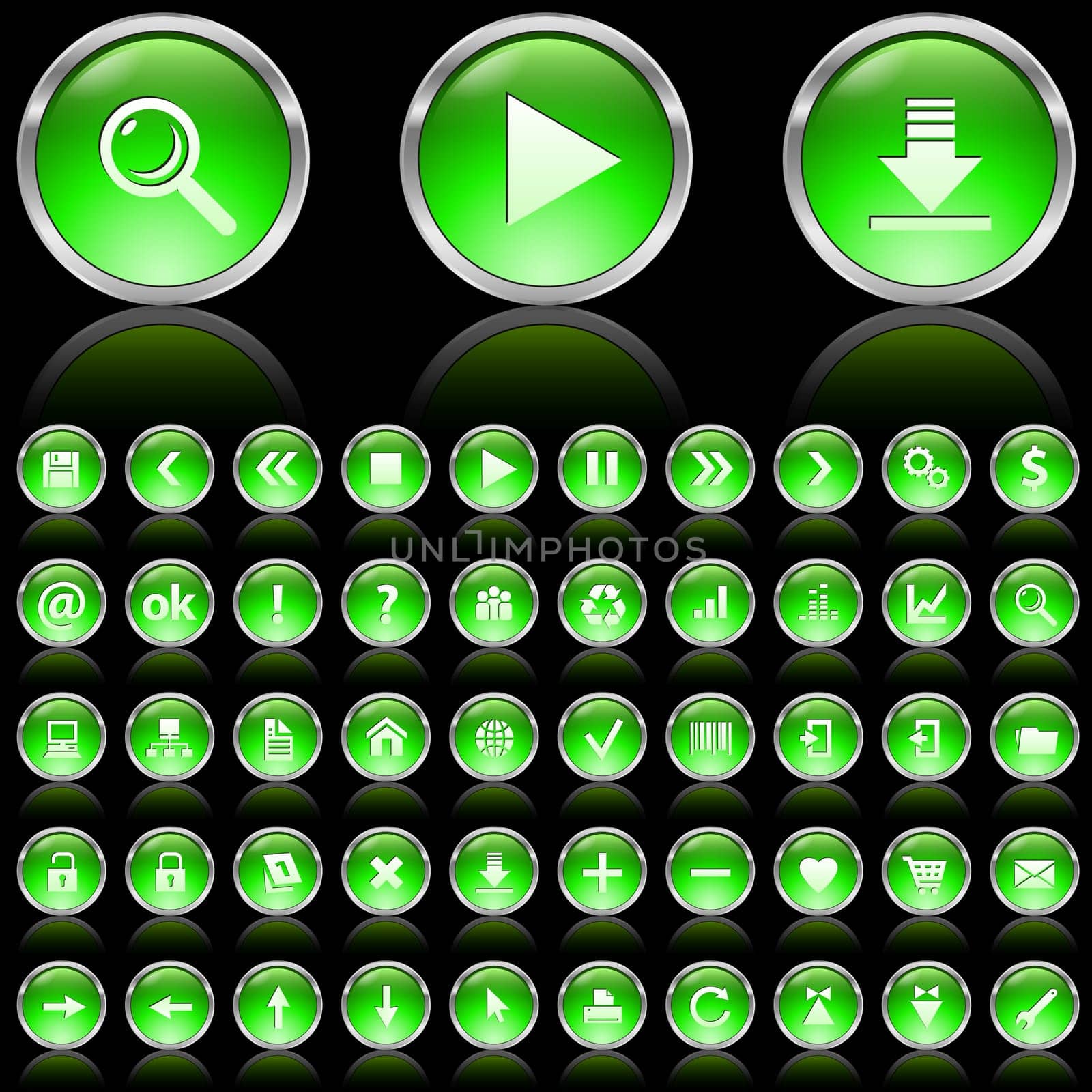 Set of green glossy icons on black background