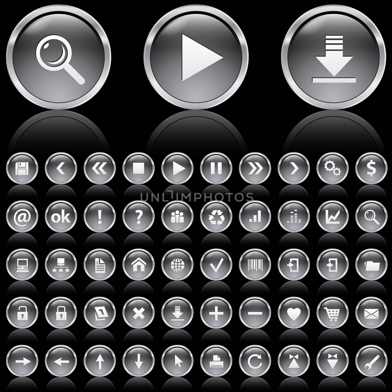 Set of black and white glossy icons on white background
