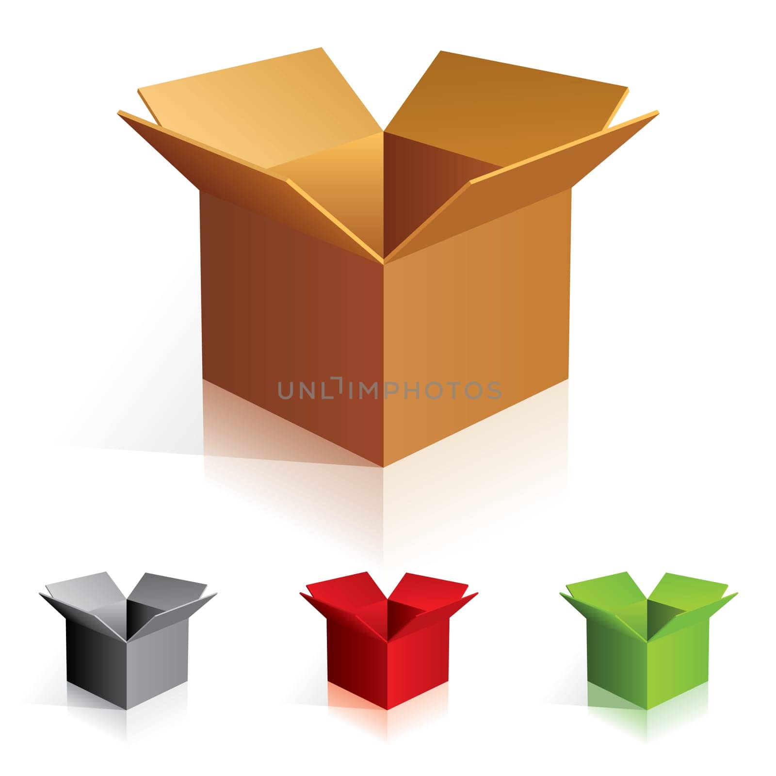 Illustraion of open color cardboard boxes. For design.