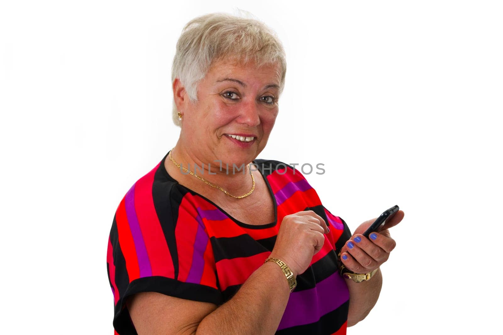 Senior woman using smartphone - isolated on white background