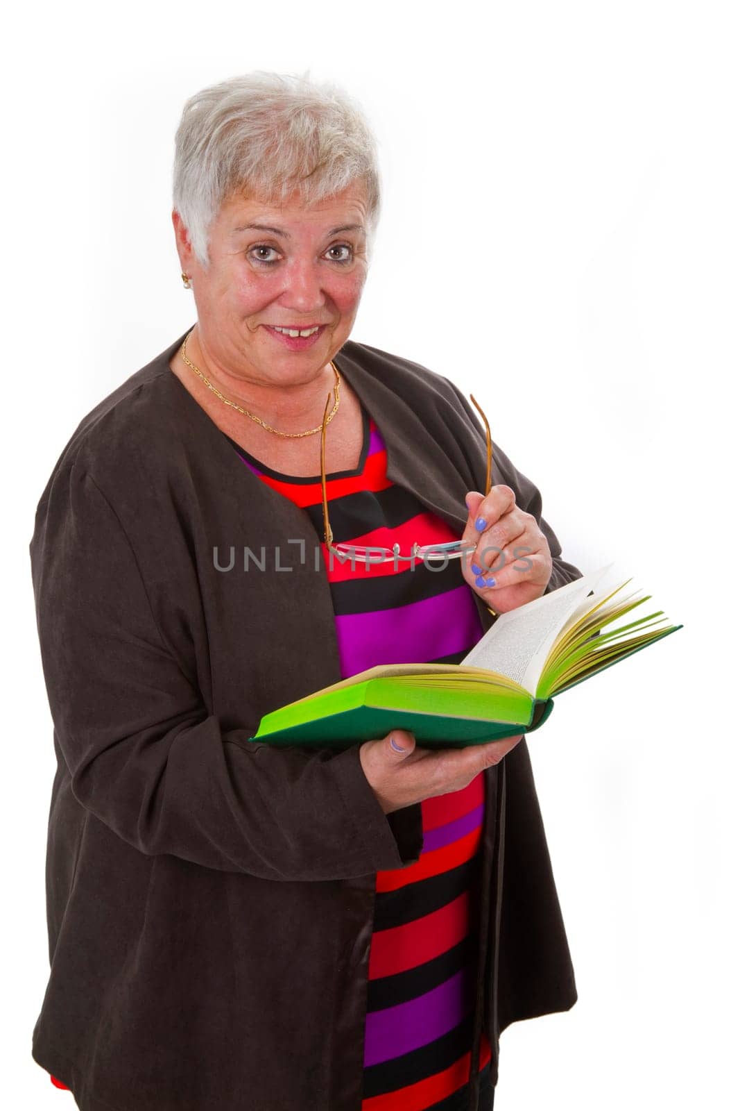 Senior woman reading a book - isolated on white background