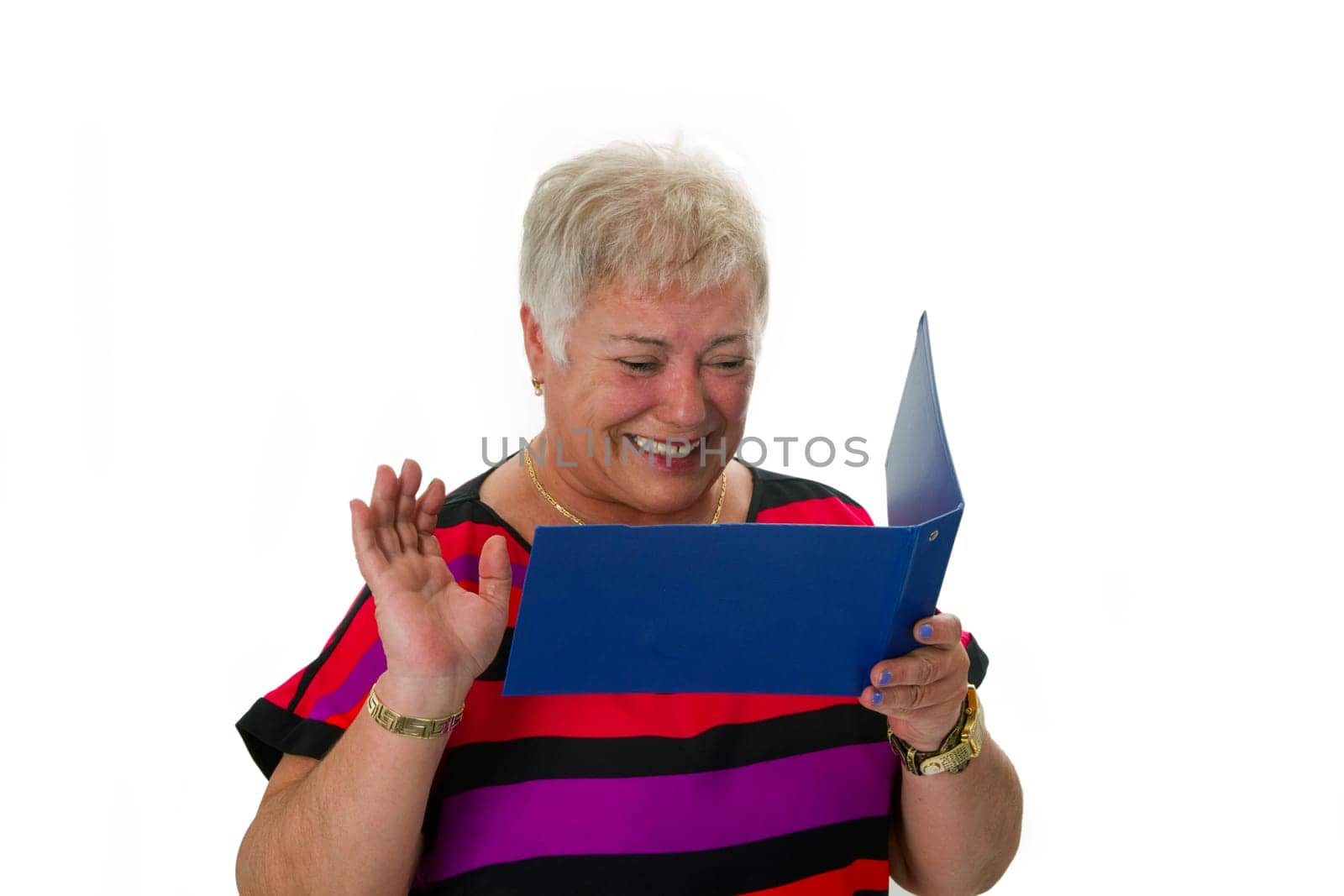 Senior woman with bank statement folder - isolated on white background