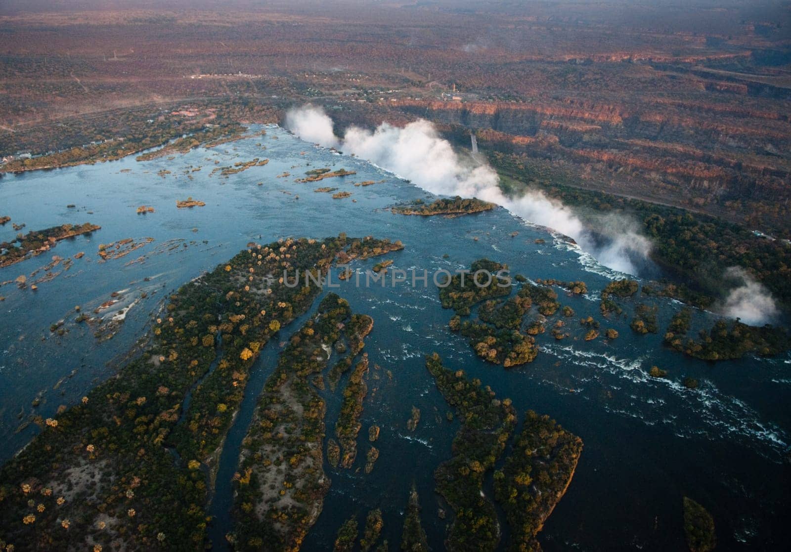 Victoria Falls from the air in the afternoon