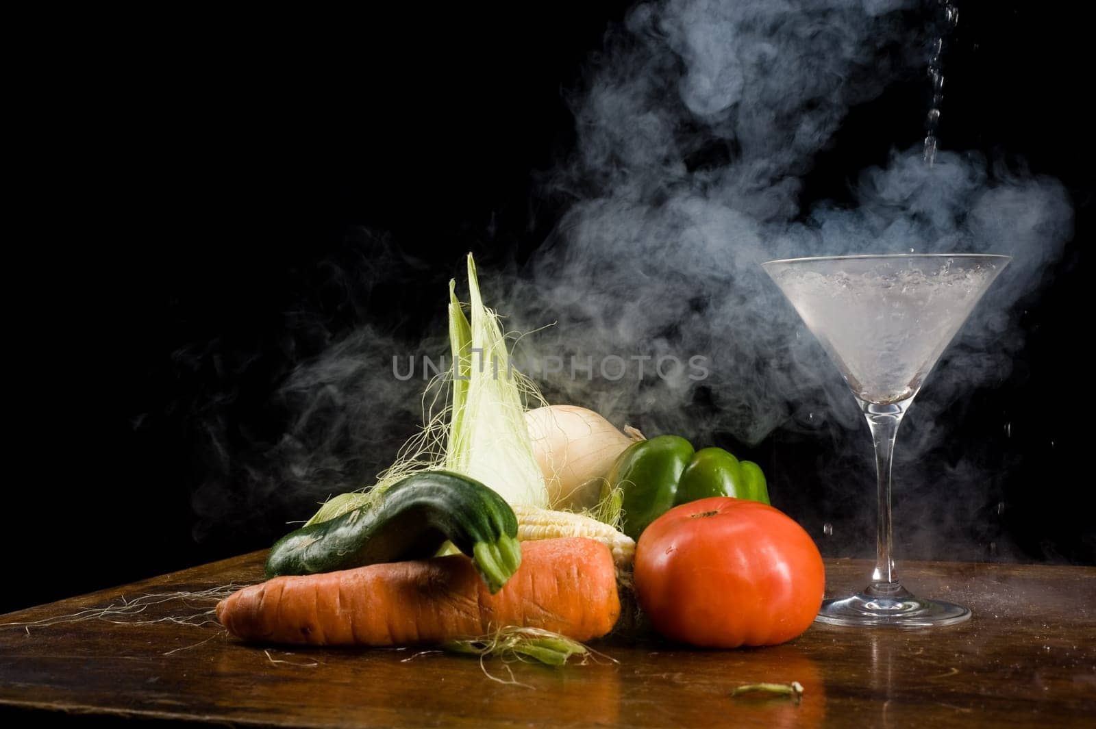 Still life of vegetables and liquid nitrogen
