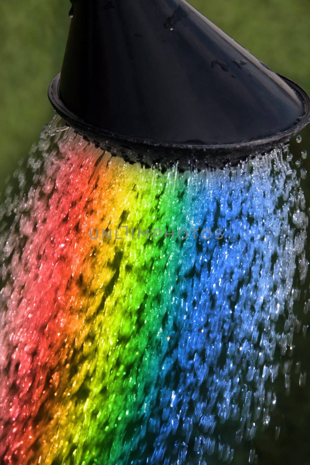a garden with rainbow color water flowing out of a watering can