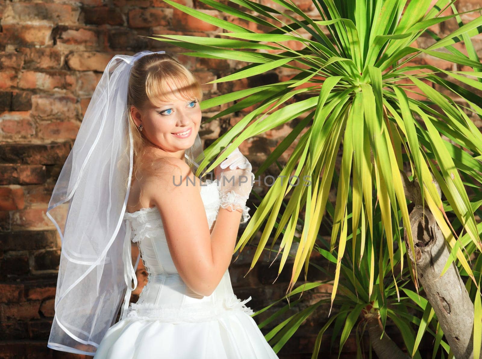 Beautiful young bride in wedding dress outdoor