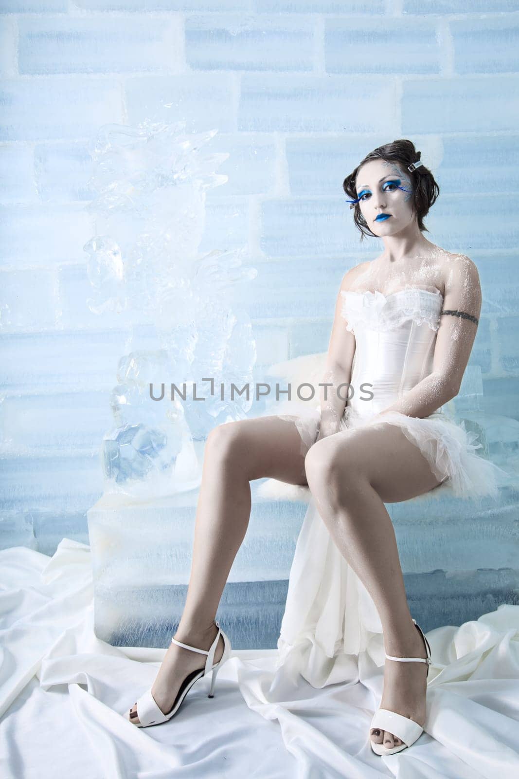 Woman as a snow queen in ice room