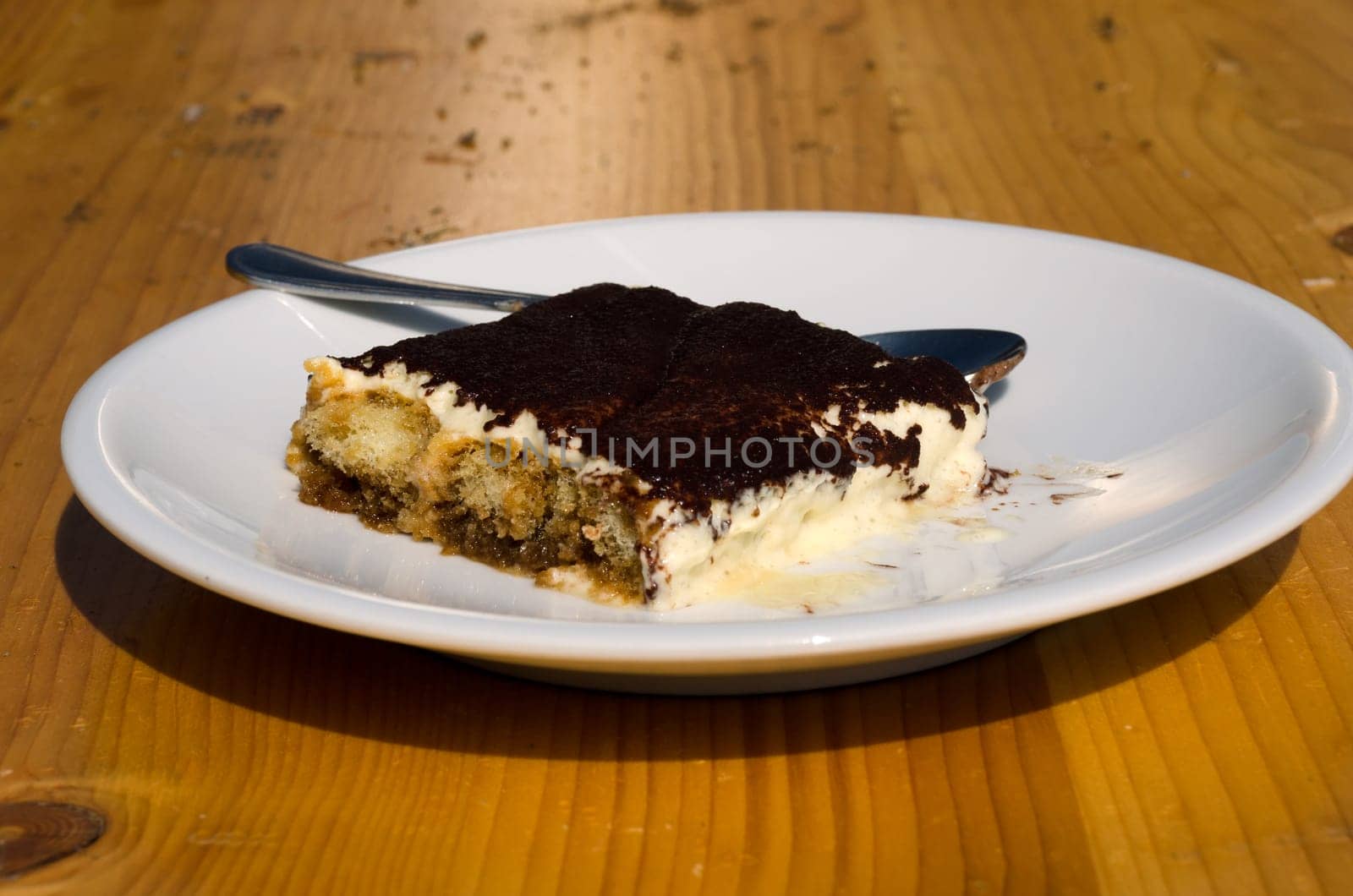 white plate with sweet tiramisu with cocoa