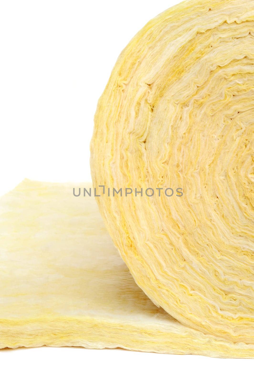 Roll of fiberglass insulation material, isolated on white background.