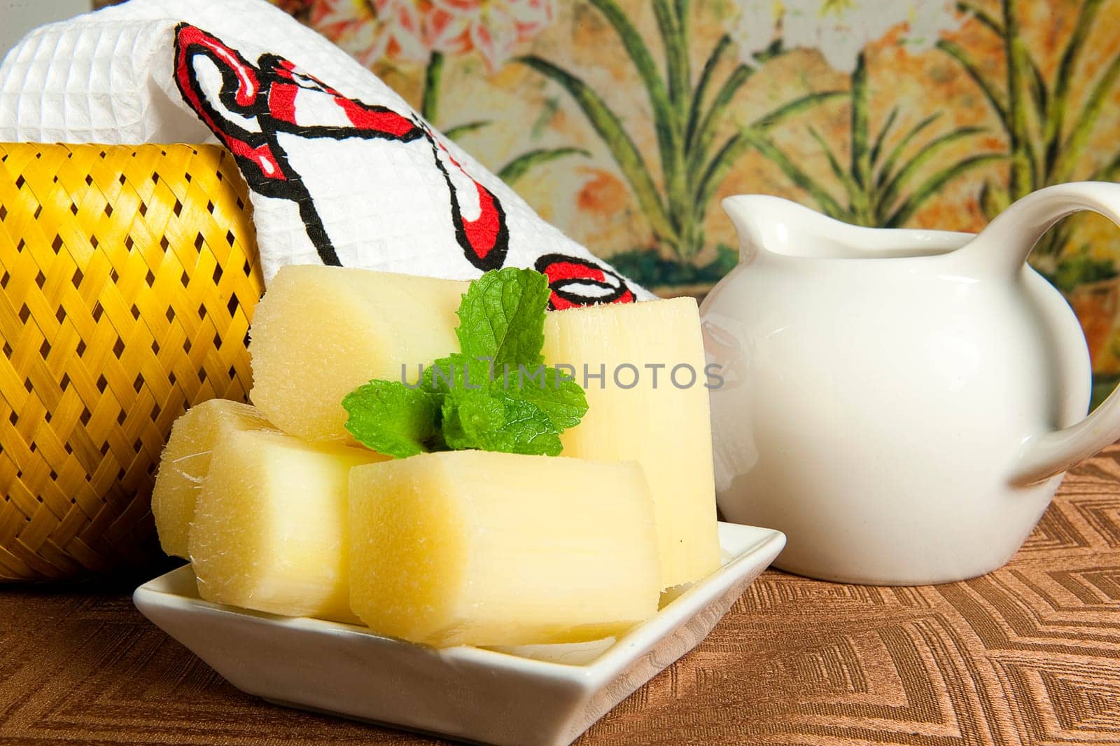 dish with pieces of natural sugar cane
