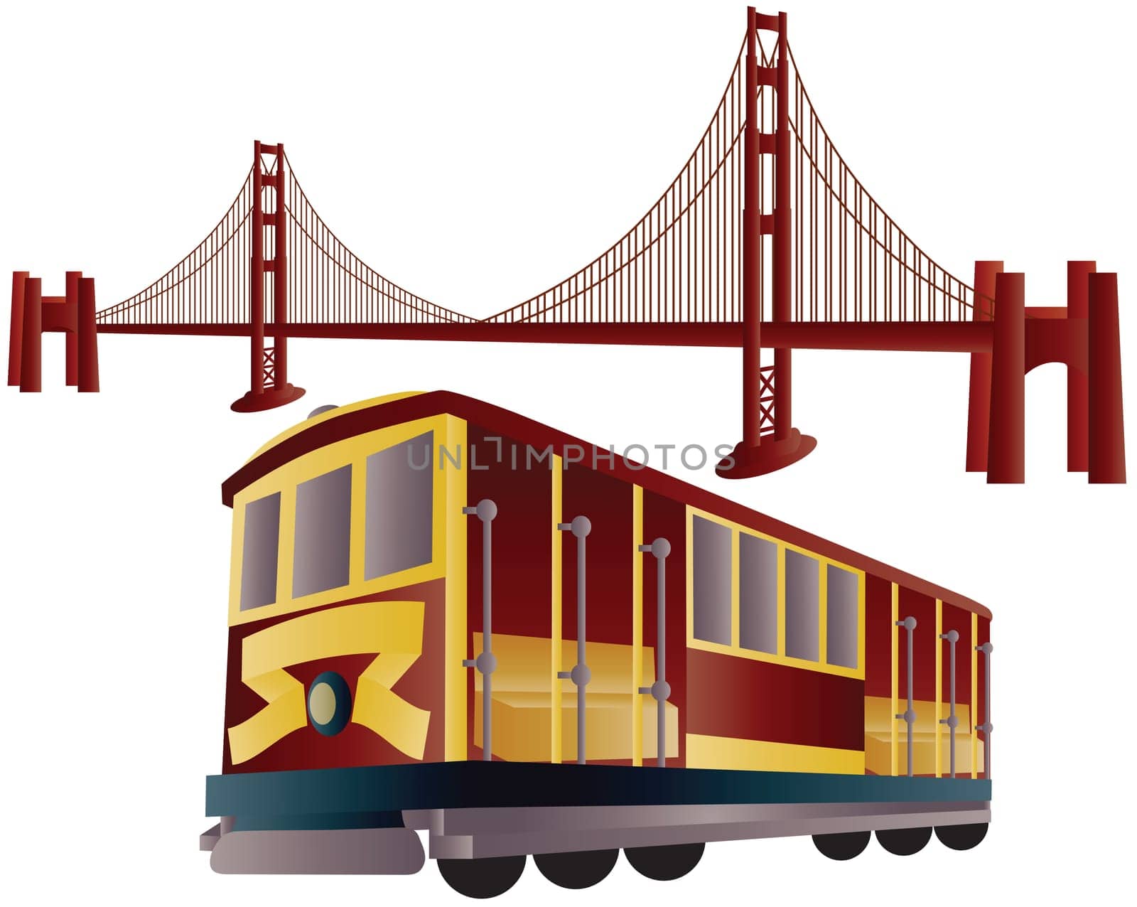San Francisco Cable Car Trolley and Golden Gate Bridge Illustration