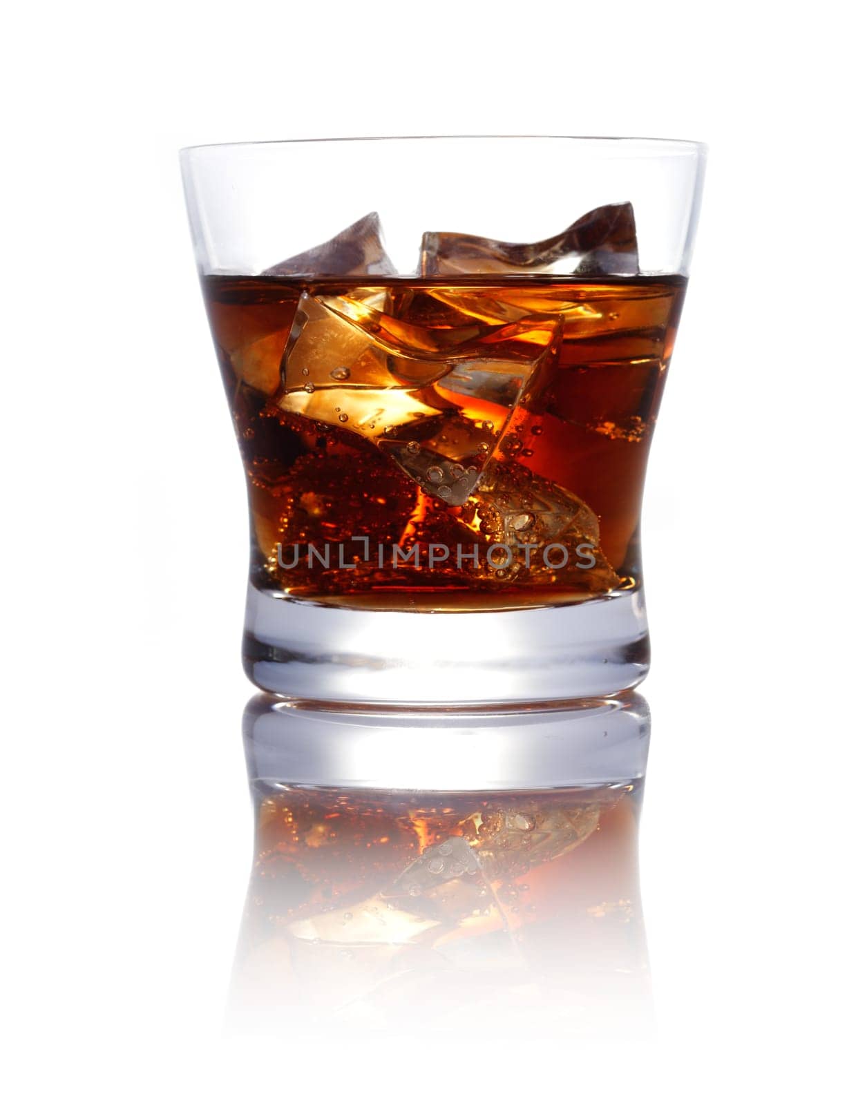 Brown sweet Drink with ice cubes isolated on white background
