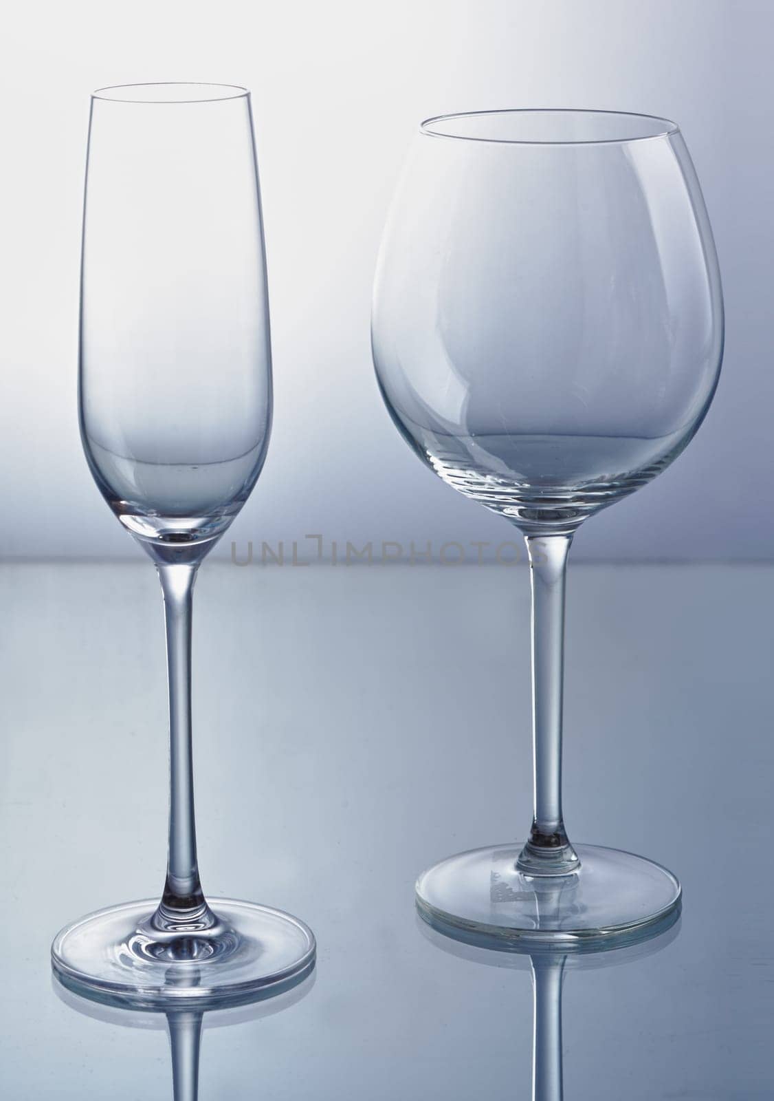 Empty wine and champagne glass with reflexion.