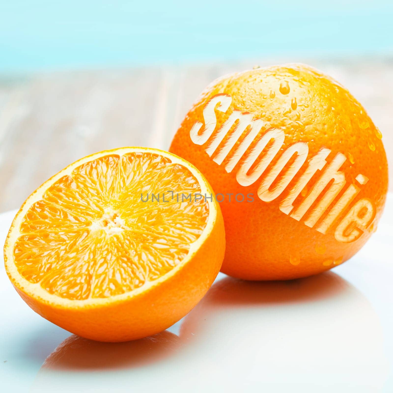 An Orange with the word Smoothie cut out. For fruity Drink concepts