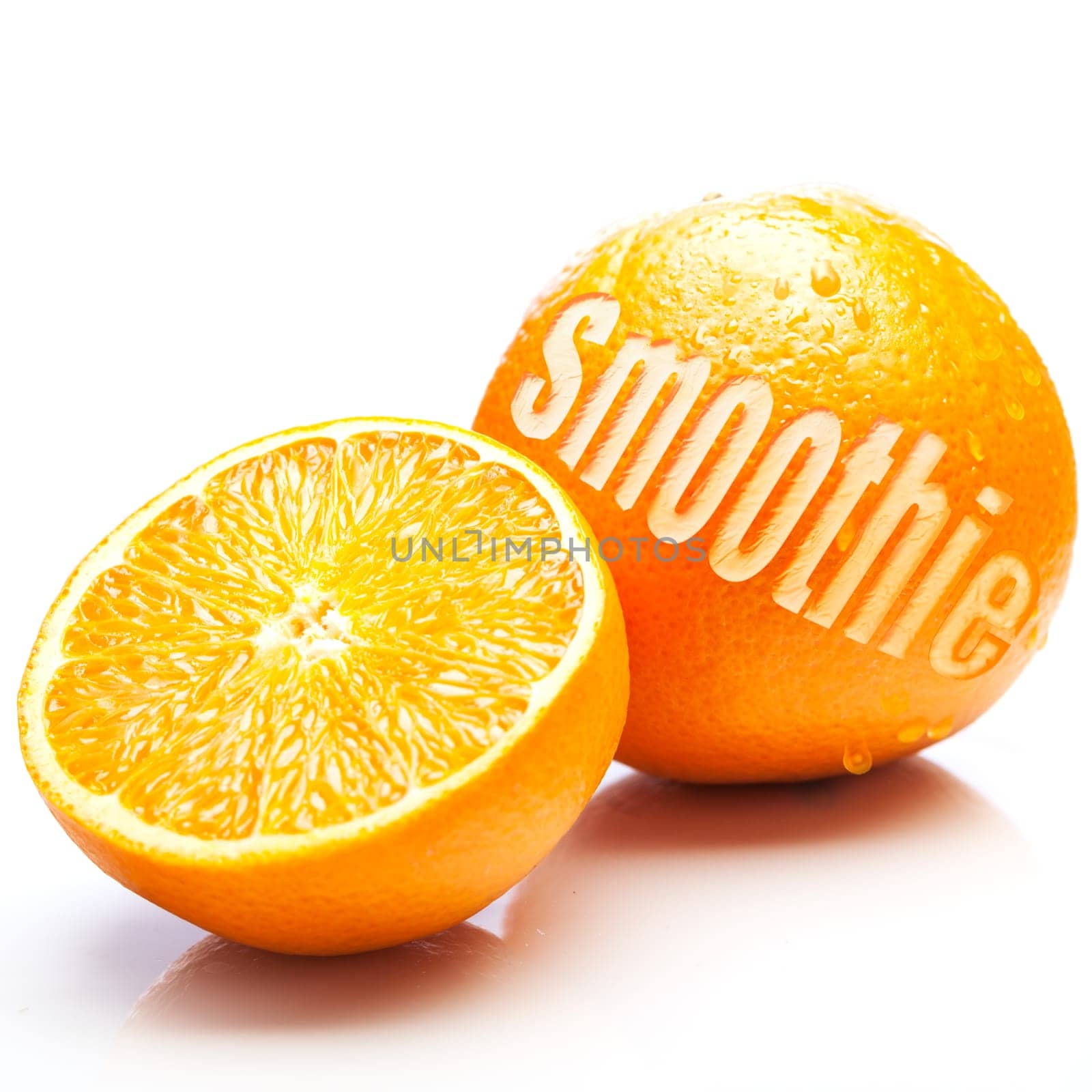 Fresh oranges with one halved to show the juicy pulp and the other whole with the word Smoothie cut out of the rind in an orange smoothie concept