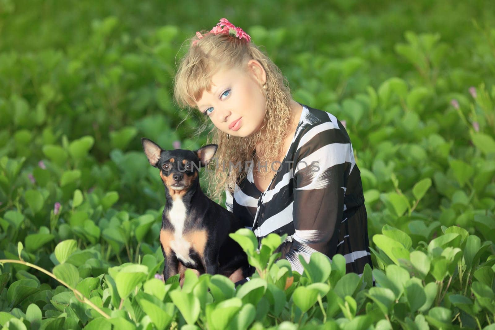 Beautiful young woman with her pet dog outdoor