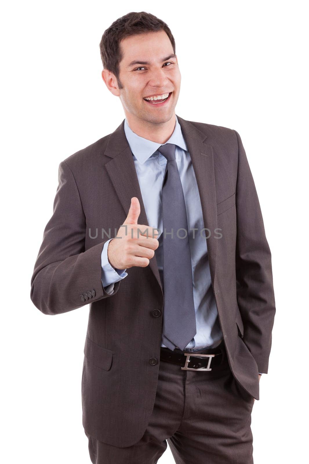 Young caucasian businessman making thumbs up gesture, isolated on white background