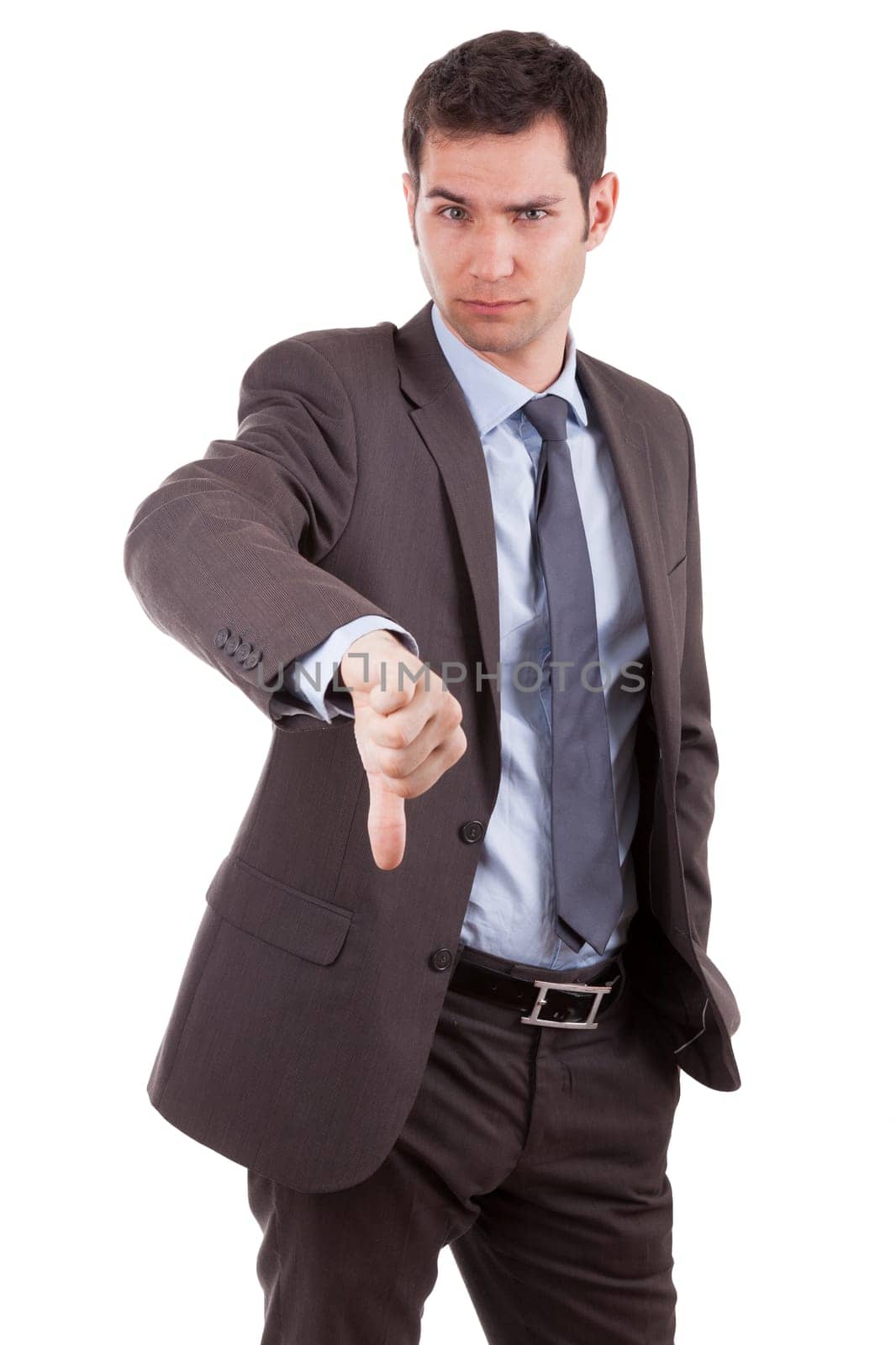 Young caucasian business man making thumbs down, isolated on white background