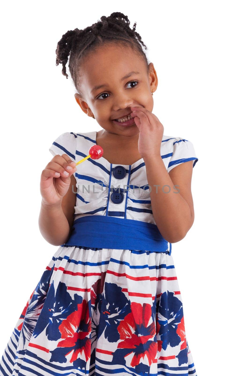 Portrait of a cute little african american girl with a lollipop, isolated on white background